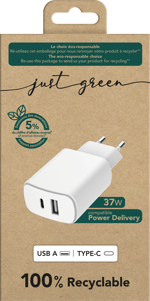 Chargeur secteur USB-C + Usb-A noir Green To Go - Câbles et chargeurs