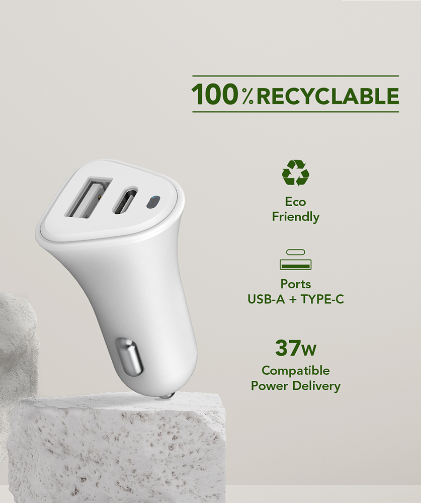 Chargeur voiture Recyclable Blanc USB C 25W Power Delivery Just Green