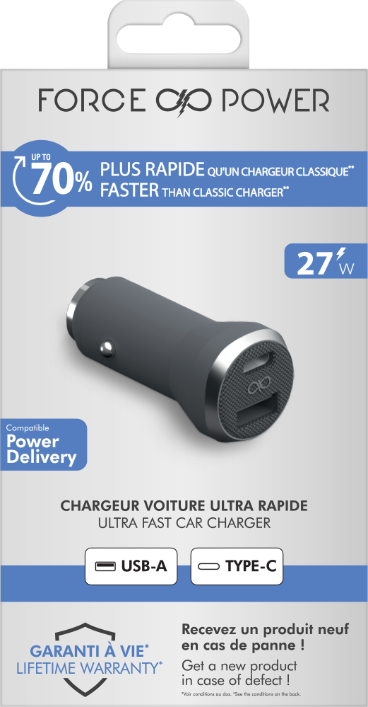Chargeur voiture USB C PD 27W Power Delivery Garanti à vie Gris