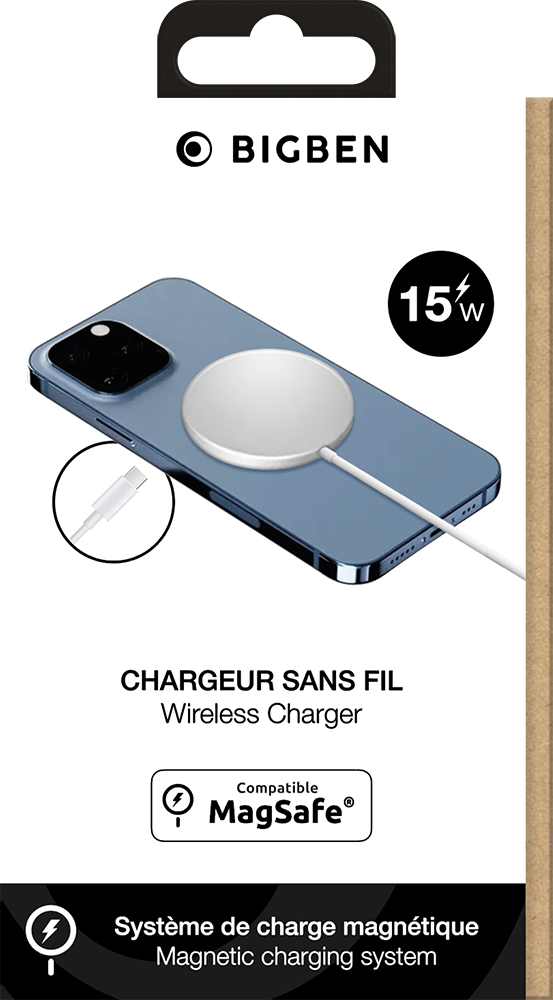 Chargeur induction Compatible MagSafe 15W + Support voiture Grille aération  Blanc Bigben - Bigben Connected