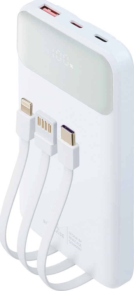 Powerbank 10000mAh 3 ports USB A+2C 22.5W PD/QC Câble multiple integré Blanc Rivacase