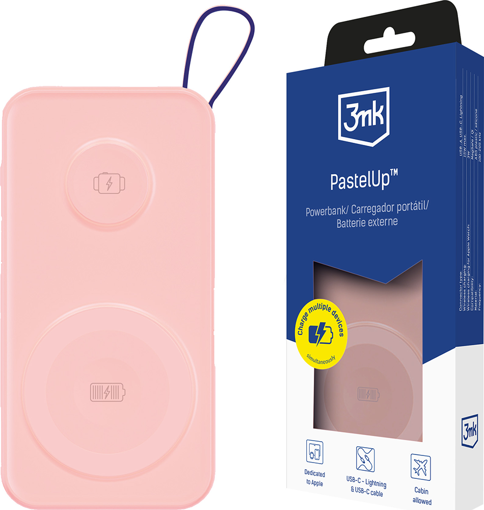 Powerbank Pastel Up 10000mAh 2 ports USB A+C 22.5W Rose 3MK