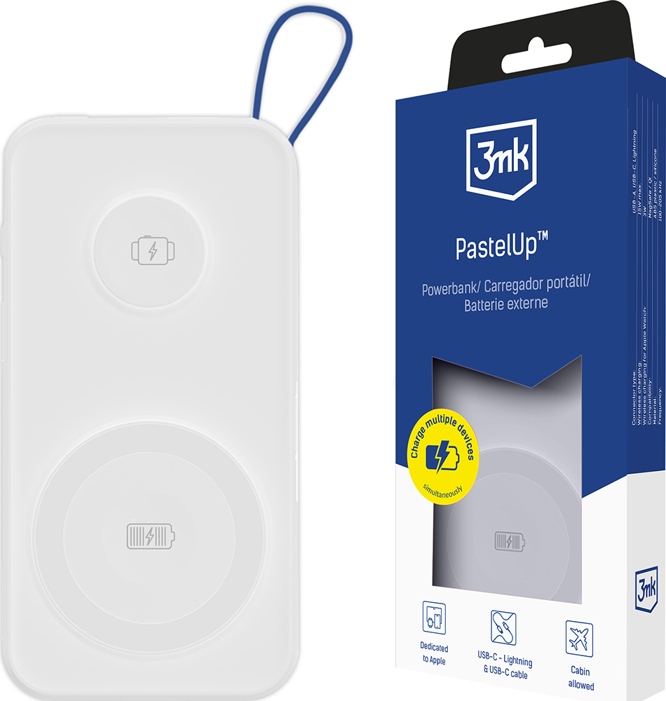 Powerbank Pastel Up 10000mAh 2 ports USB A+C 22.5W Blanc 3MK