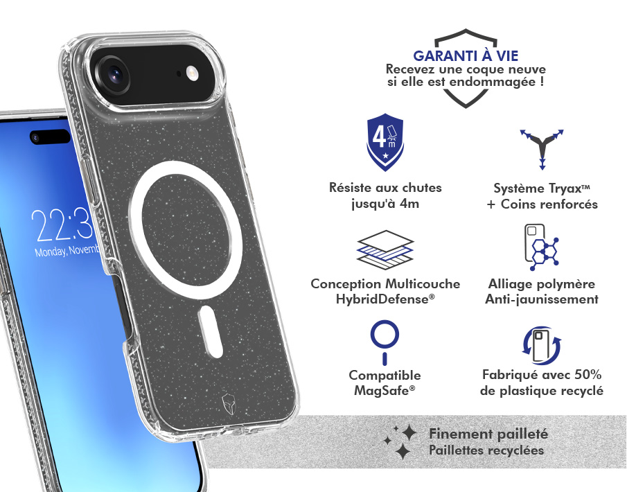 Image secondaire de Coque renforcée MagSafe iPhone Air AIR XTREM 4m Norme Militaire MIL-STD 810G Transparente avec Paillettes + Garantie à vie Force