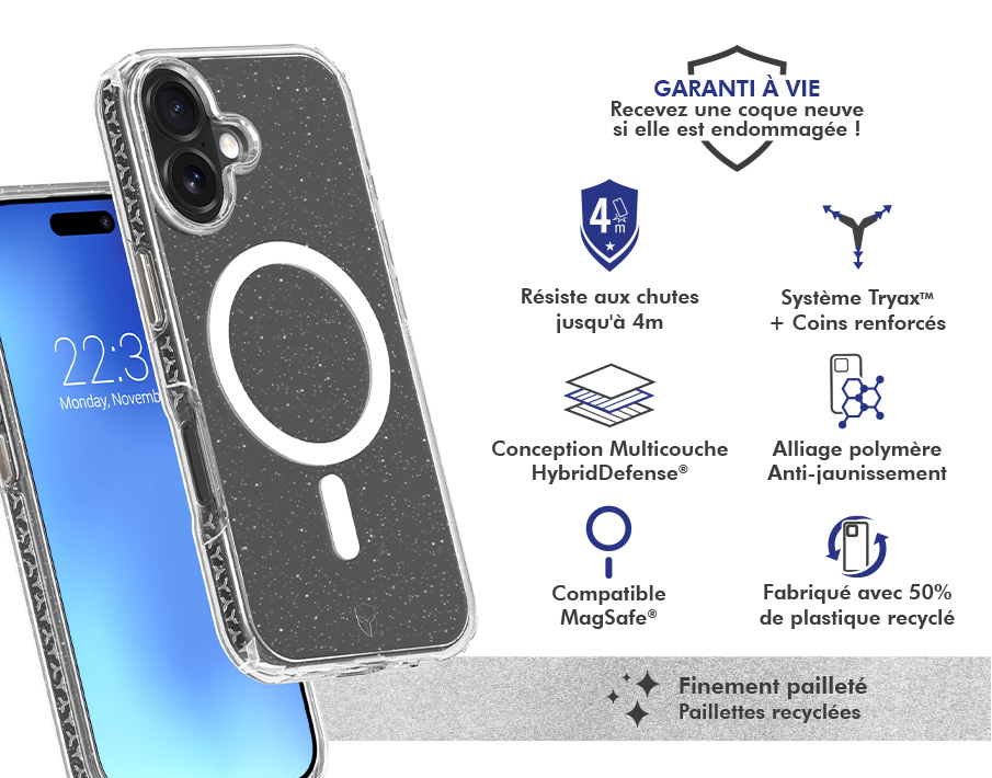 Image secondaire de Coque renforcée MagSafe iPhone 17 AIR XTREM 4m Norme Militaire MIL-STD 810G Transparente avec Paillettes + Garantie à vie Force 