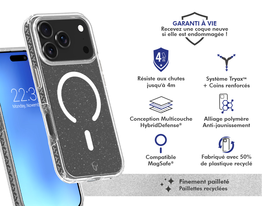 Image secondaire de Coque renforcée MagSafe iPhone 17 Pro AIR XTREM 4m Norme Militaire MIL-STD 810G Transparente avec Paillettes + Garantie à vie Fo