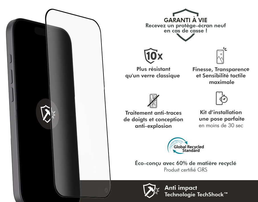 Image secondaire de Protège écran iPhone 17 / 16 Pro Anti-Impact 2.5D Verre trempé + Garantie à vie - Certifié GRS Force Glass