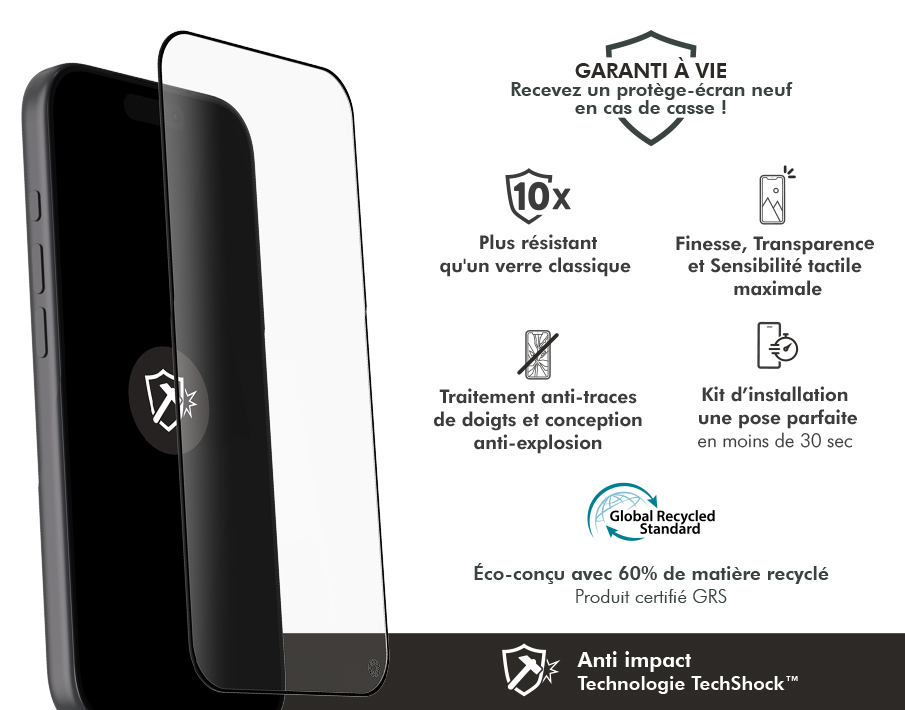 Image secondaire de Protège écran iPhone 17 Pro Anti-Impact 2.5D Verre trempé + Garantie à vie - Certifié GRS Force Glass