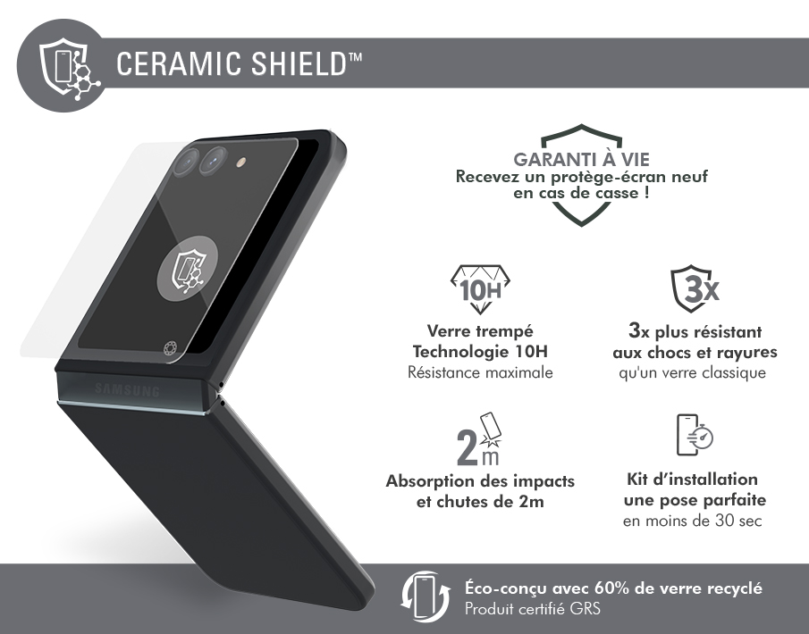Image secondaire de Pack Protège-écran CeramicShield Samsung Galaxy Z Flip 7 + 2 Protège Lentilles + Garantie à vie - Certifié GRS Force Glass