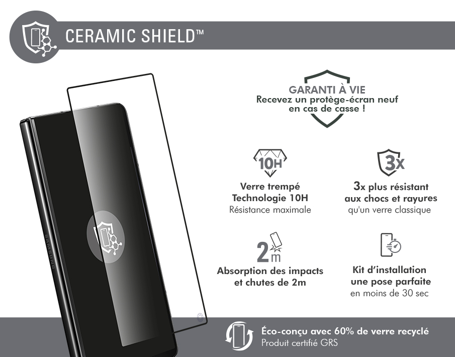 Image secondaire de Pack Protège-écran CeramicShield Samsung Galaxy Z Fold 7 2.5D Original + 3 Protège Lentilles + Garantie à vie - Certifié GRS For