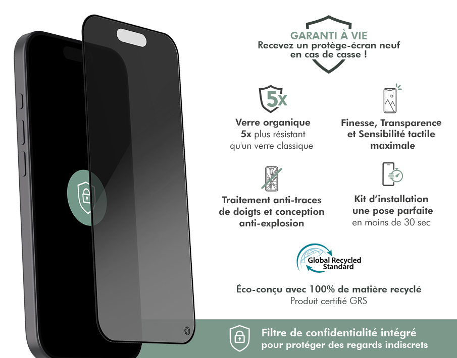 Image secondaire de Protège écran iPhone 17 / 16 Pro Privé 2.5D Verre organique + Garantie à vie - Certifié GRS Force Glass