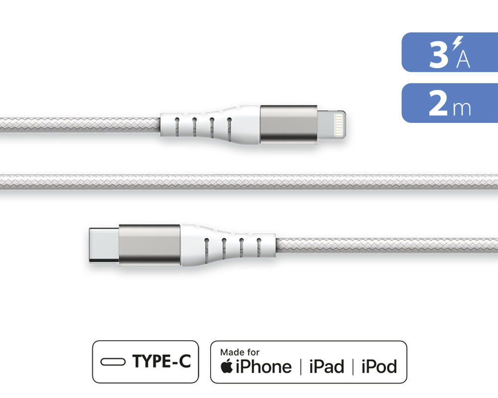 Câble Renforcé USB C / Lightning 3A 2m PD 60W Blanc + Garantie à vie Force Power Lite