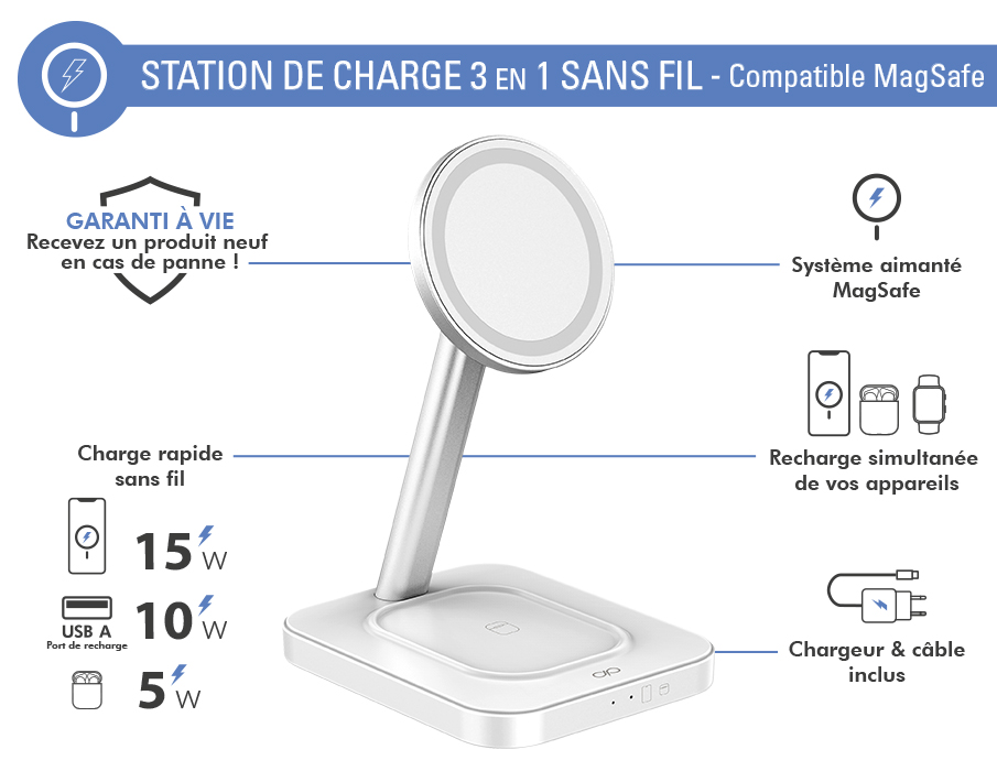 STATION DE CHARGE USB + PAR INDUCTION, SANS FIL