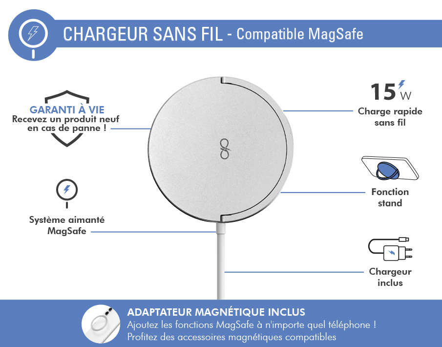 Chargeur iPhone Magsafe 15W Baseus Blanc - Charge induction Magnétique -  Français