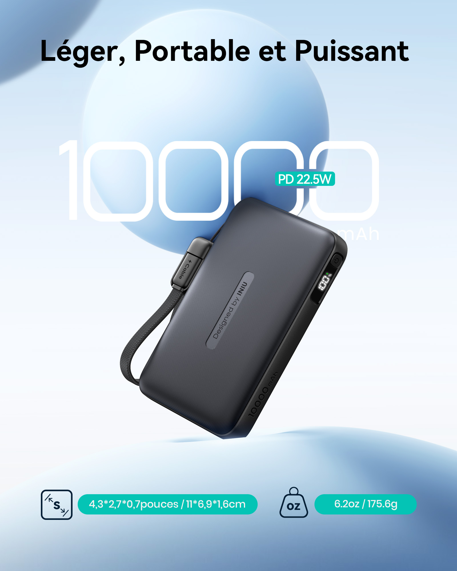 Powerbank Pocket Neo 10000mAh 3 ports USB A+2C 22.5W PD/QC Câble dragonne Noir Iniu