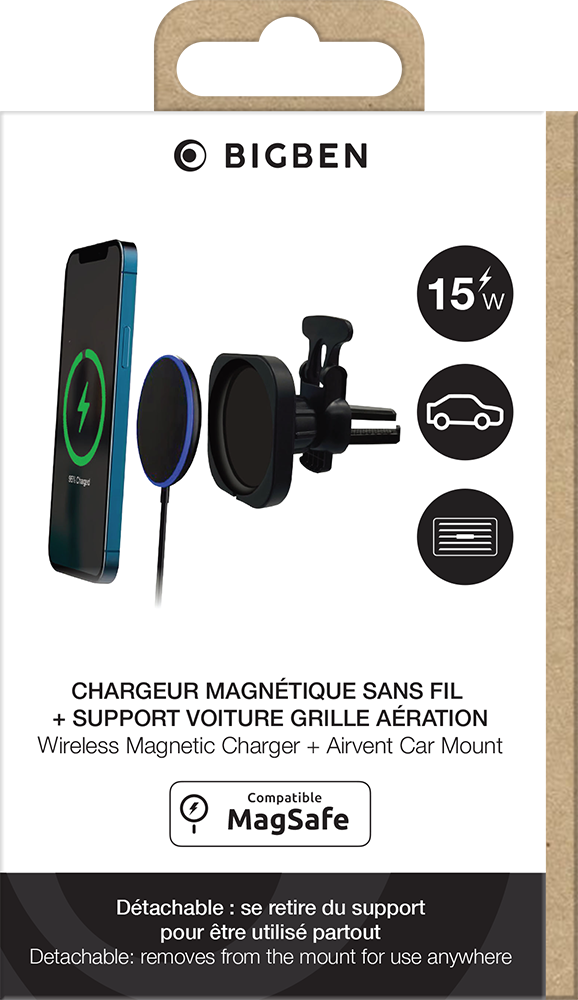 Chargeur voiture Compatible MagSafe 15W + Support voiture Grille