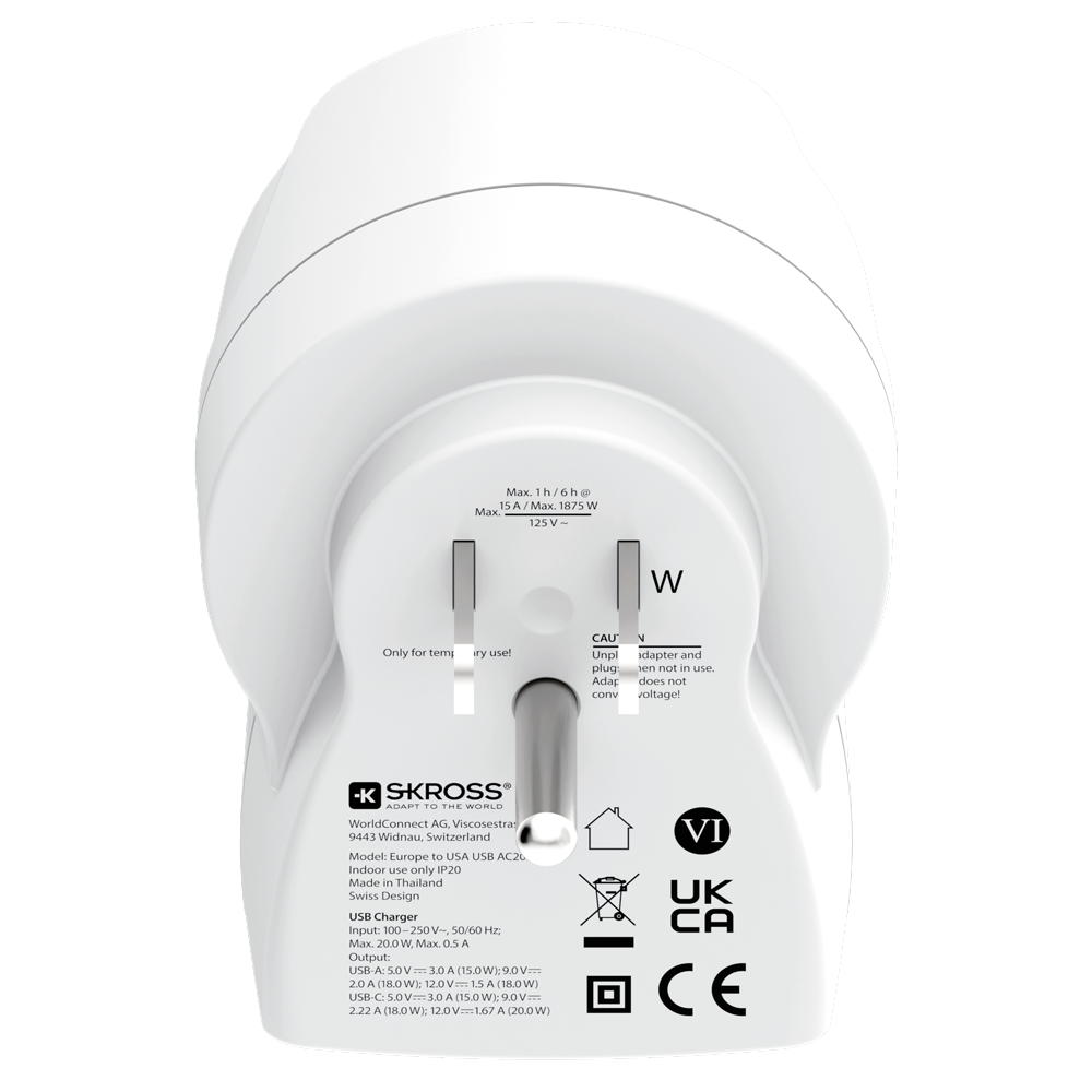 Image secondaire de Adaptateur voyage USB A + USB C PD Europe vers USA Blanc Skross