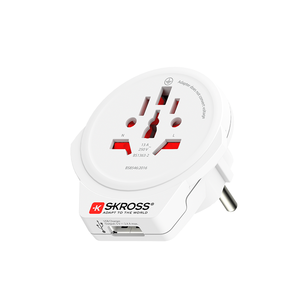 Adaptateur voyage USB A Monde vers Europe 2/3 poles Blanc Skross