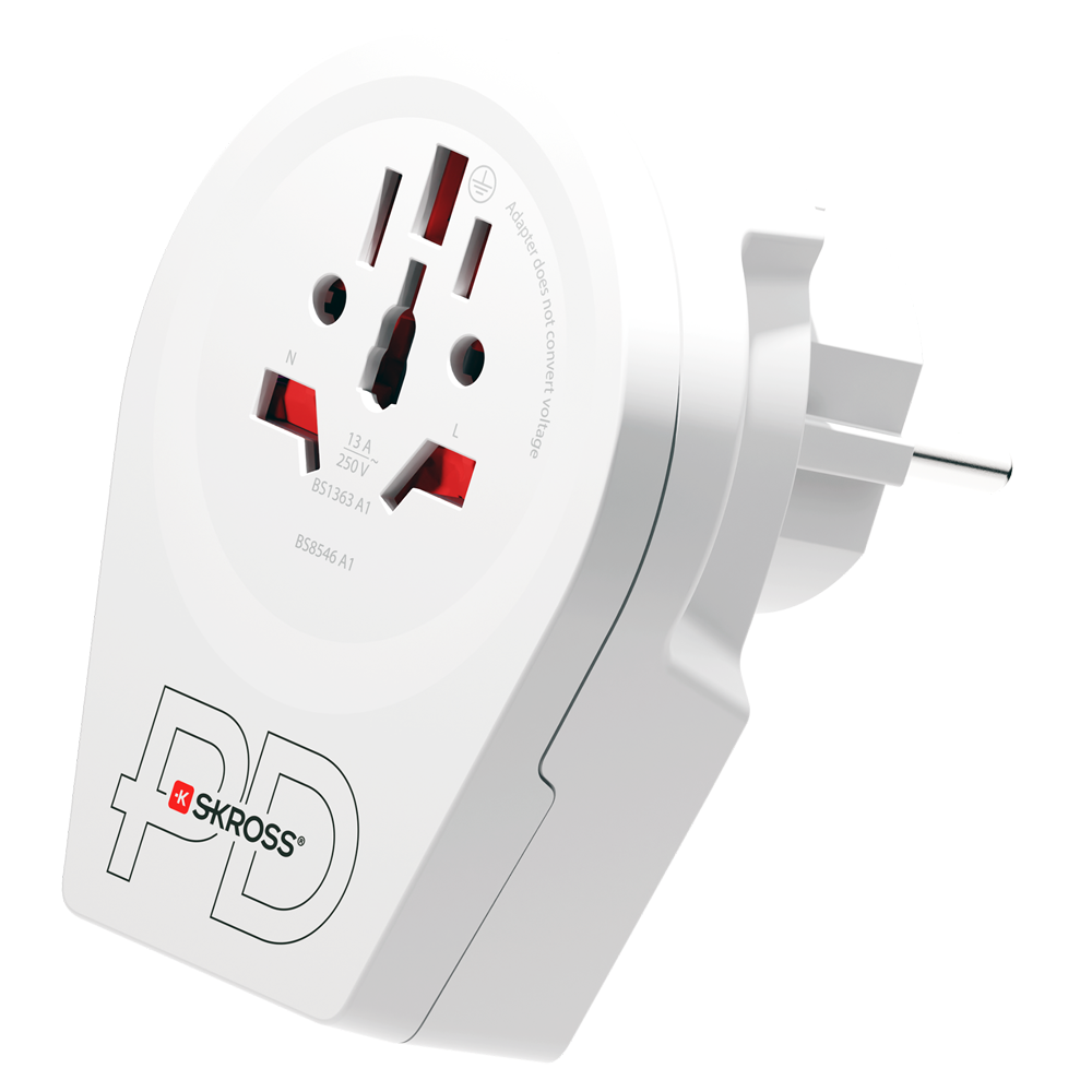 Adaptateur voyage USB A + USB C PD Monde vers Europe 2/3 poles Blanc Skross