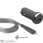 Chargeur voiture 2.4A FastCharge + Câble Ultra-renforcé USB A/Lightning Gris - Garanti à vie Force Power