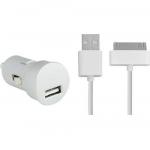 Kit Chargeur Voiture USB A 1A + C&acirc;ble USB A / 30 PIN 1m Blanc