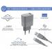 Kit Chargeur USB A 3A + Câble Ultra-Renforcé USB A / USB C 1.2m Gris + Garantie à vie