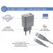 USB A Charger Kit 3A + Ultra Reinforced USB A / USB C Cable 1.2m Gray + Lifetime Warranty