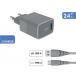 Kit Chargeur USB A 3A + Câble Ultra-Renforcé USB A / USB C 1.2m Gris + Garantie à vie