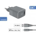 Chargeur maison 2.4A FastCharge + Câble Ultra-renforcé USB A/Lightning Gris - Garanti à vie Force Power