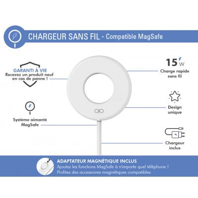 Chargeur sans fil Magnétique MagSafe 15W Qi + Chargeur Blanc + Garantie à vie