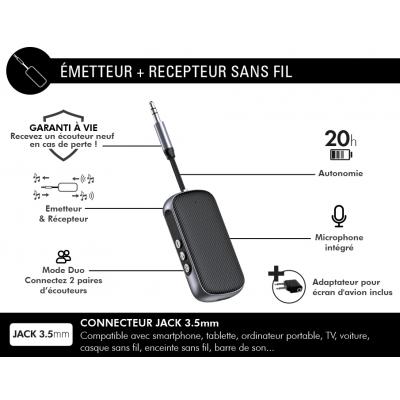 Récepteur Bluetooth® SoundWave Jack 3.5mm + Emetteur 2 en 1 Noir + Garantie à vie